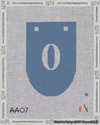 A taped needlepoint canvas with the design: Banner 18 mesh count Rounded 0 White on Blue.