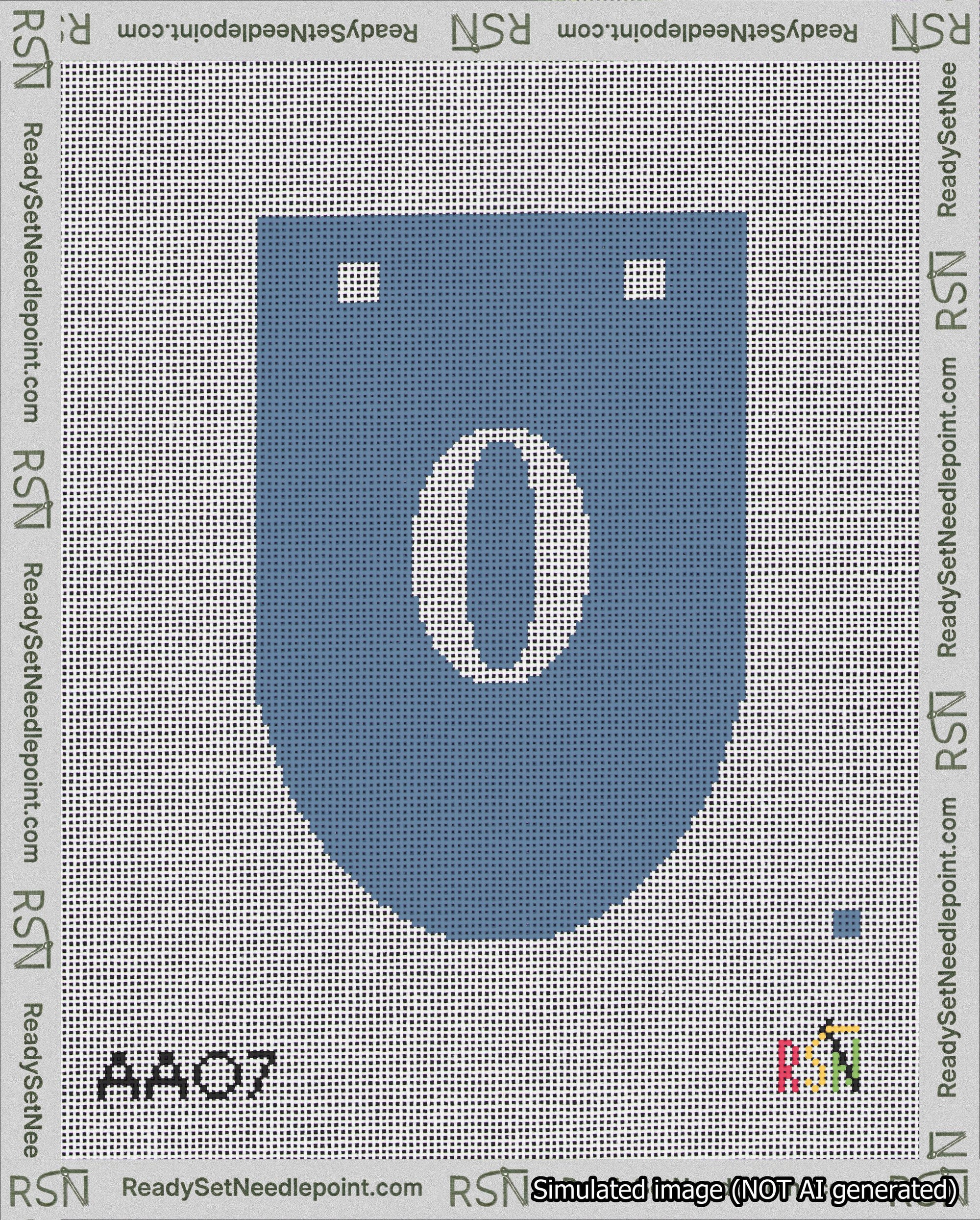 A taped needlepoint canvas with the design: Banner 18 mesh count Rounded 0 White on Blue.