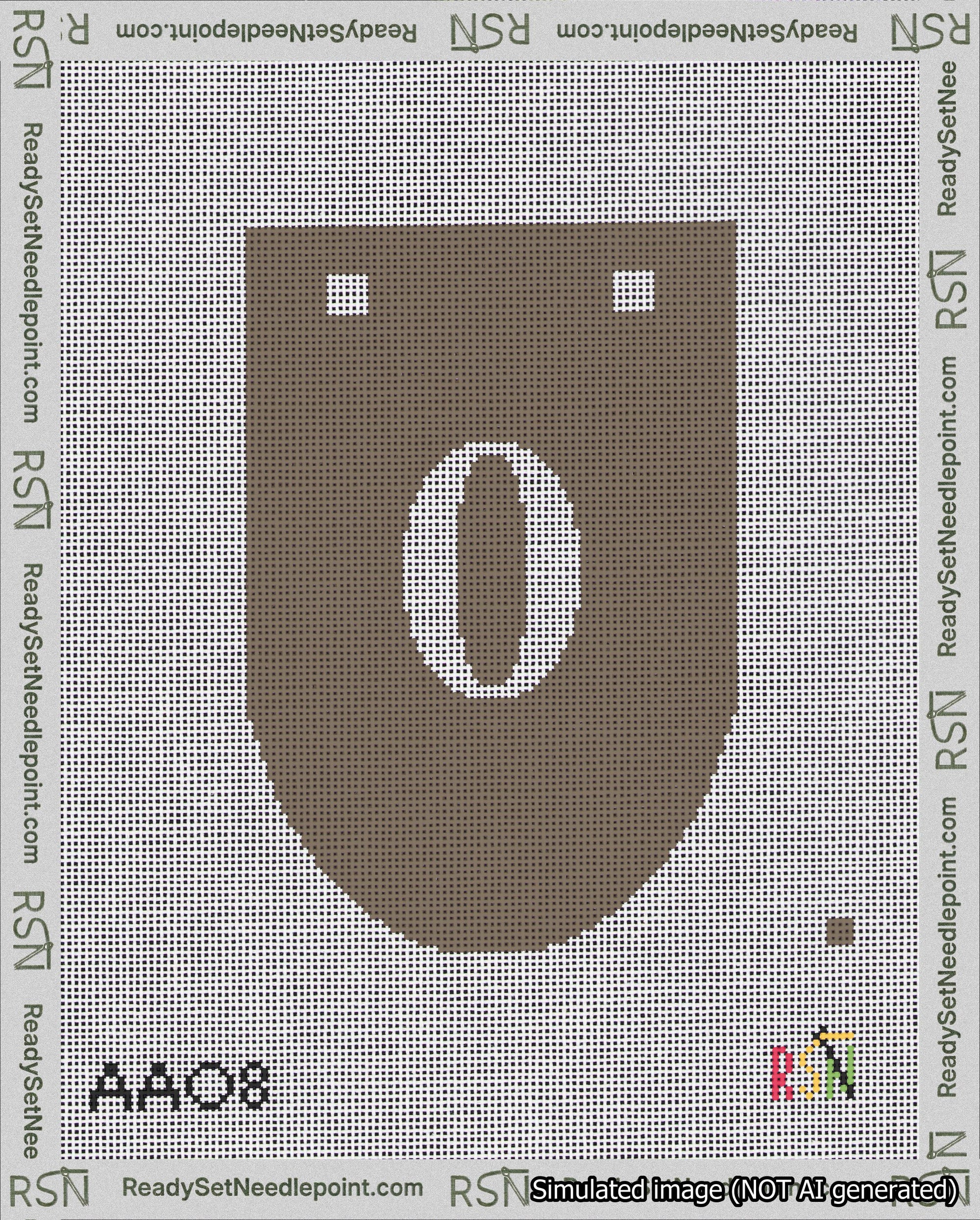 A taped needlepoint canvas with the design: Banner 18 mesh count Rounded 0 White on Brown.