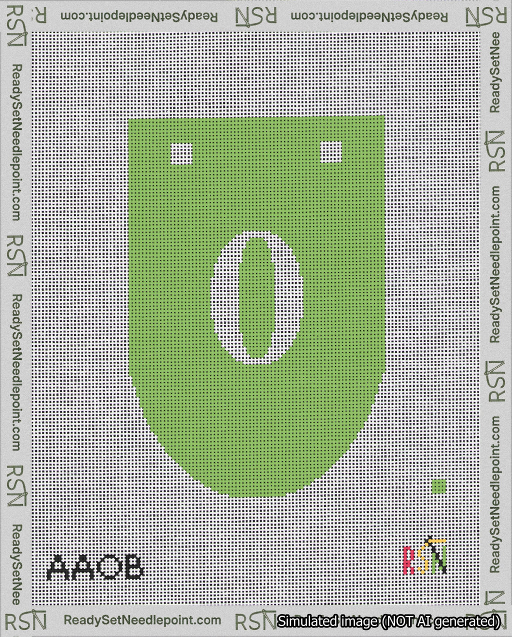 A taped needlepoint canvas with the design: Banner 18 mesh count Rounded 0 White on Light Green.