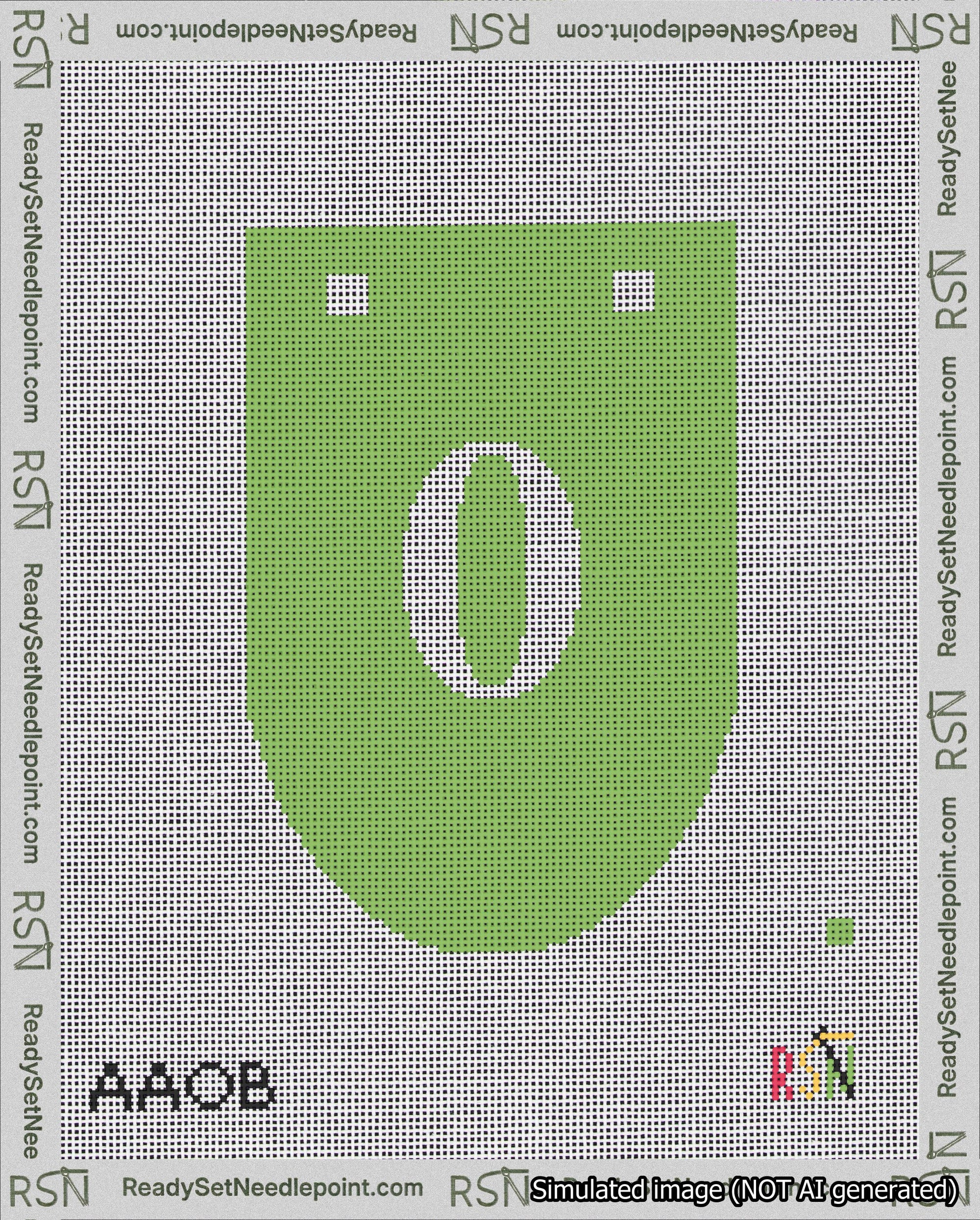 A taped needlepoint canvas with the design: Banner 18 mesh count Rounded 0 White on Light Green.