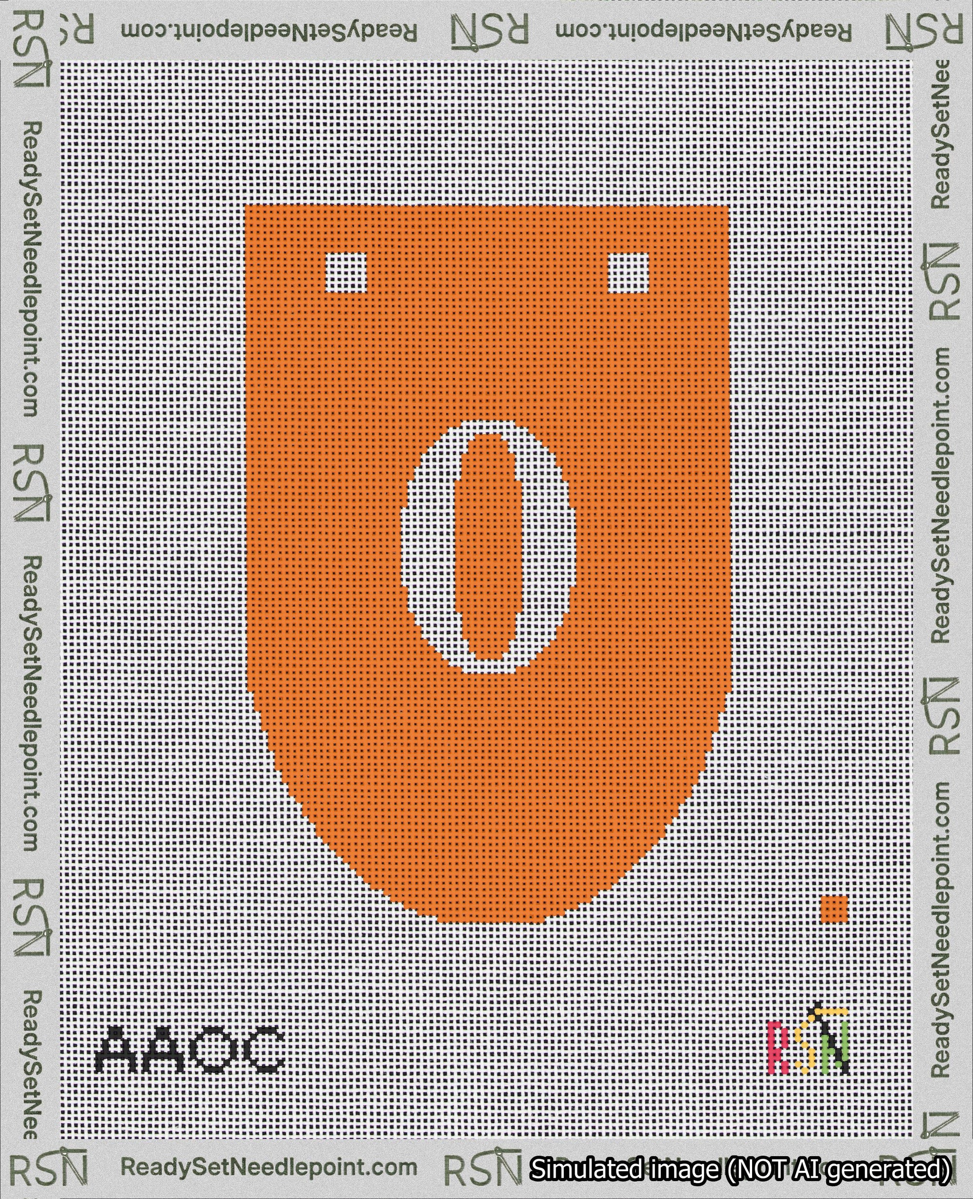 A taped needlepoint canvas with the design: Banner 18 mesh count Rounded 0 White on Orange.