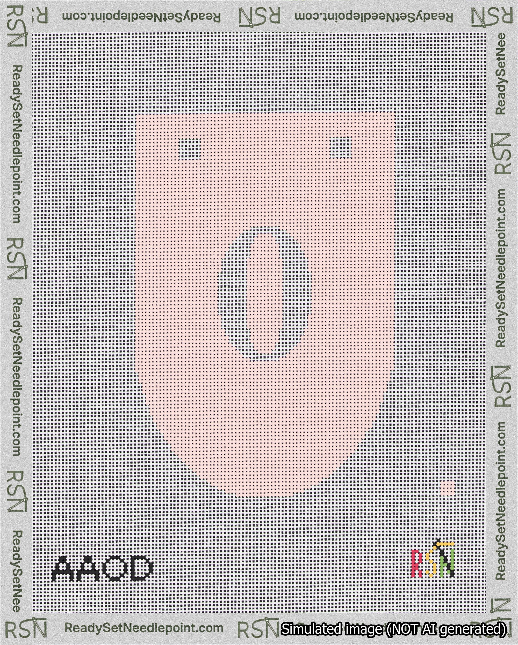 A taped needlepoint canvas with the design: Banner 18 mesh count Rounded 0 White on Pink.