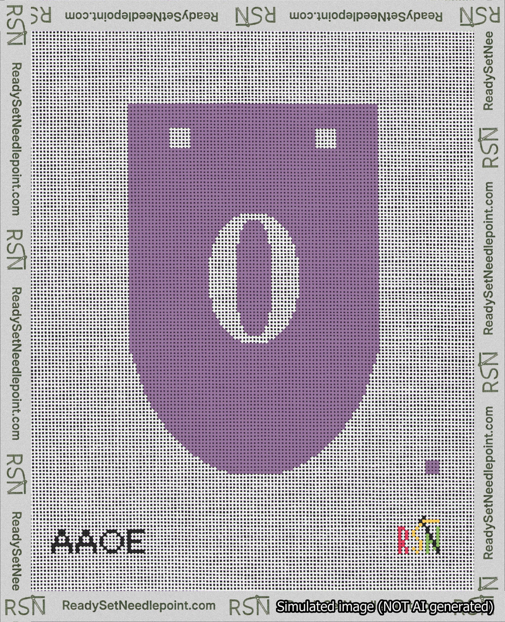 A taped needlepoint canvas with the design: Banner 18 mesh count Rounded 0 White on Purple.