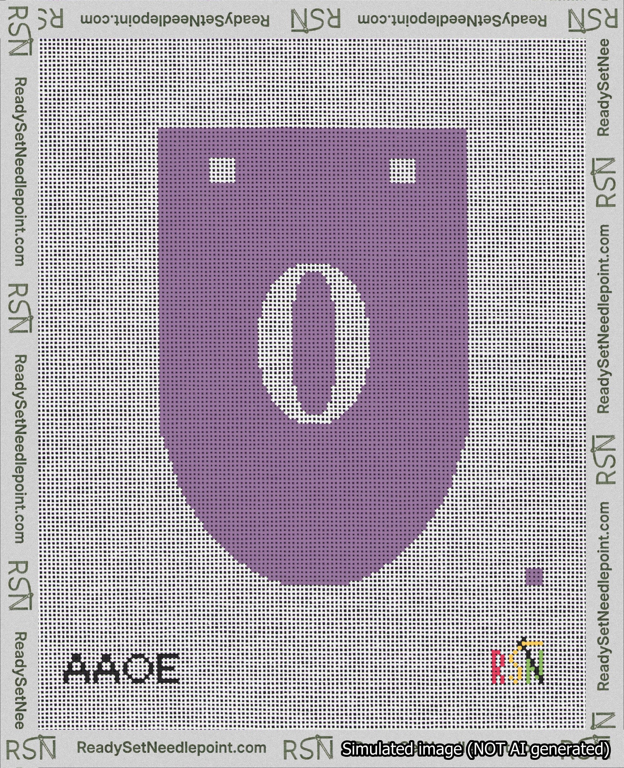 A taped needlepoint canvas with the design: Banner 18 mesh count Rounded 0 White on Purple.