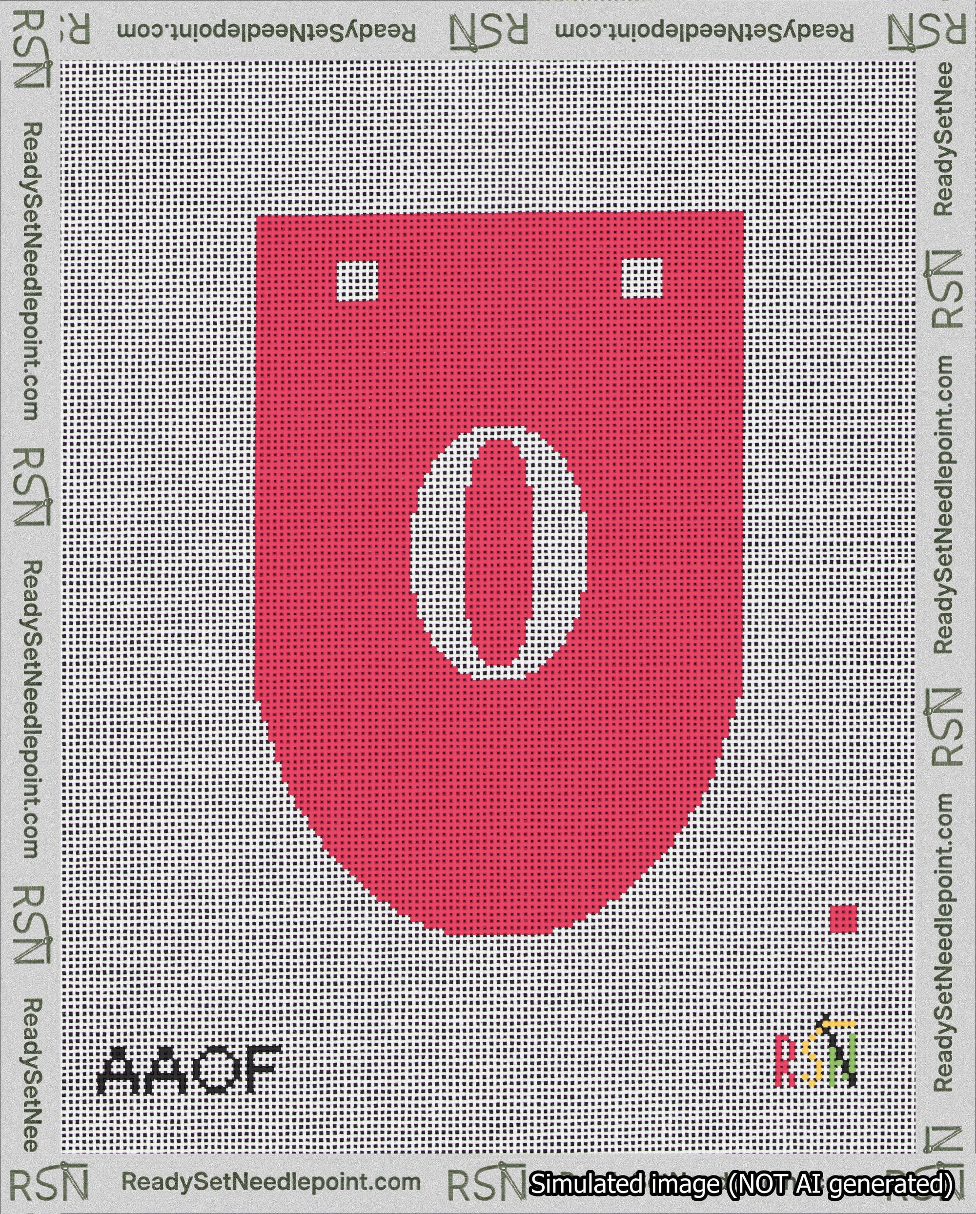 A taped needlepoint canvas with the design: Banner 18 mesh count Rounded 0 White on Red.