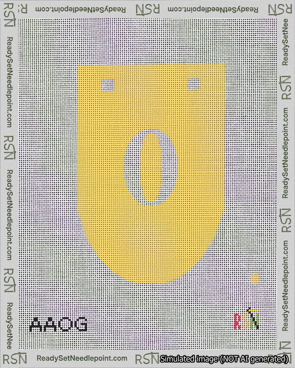 A taped needlepoint canvas with the design: Banner 18 mesh count Rounded 0 White on Yellow.
