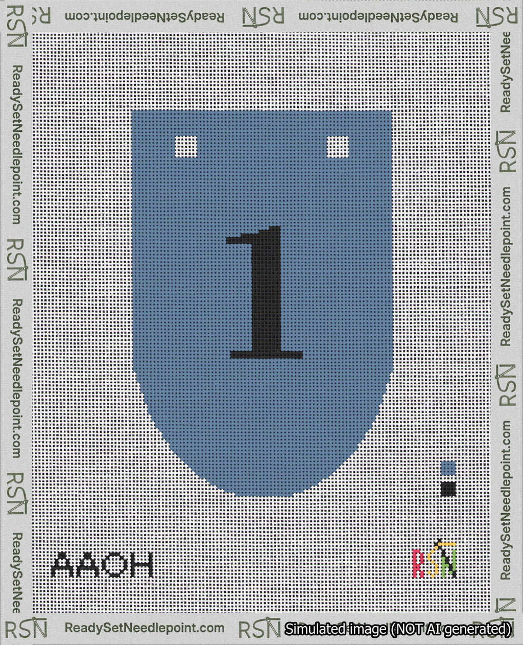 A taped needlepoint canvas with the design: Banner 18 mesh count Rounded 1 Black on Blue.
