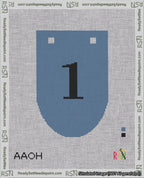 A taped needlepoint canvas with the design: Banner 18 mesh count Rounded 1 Black on Blue.