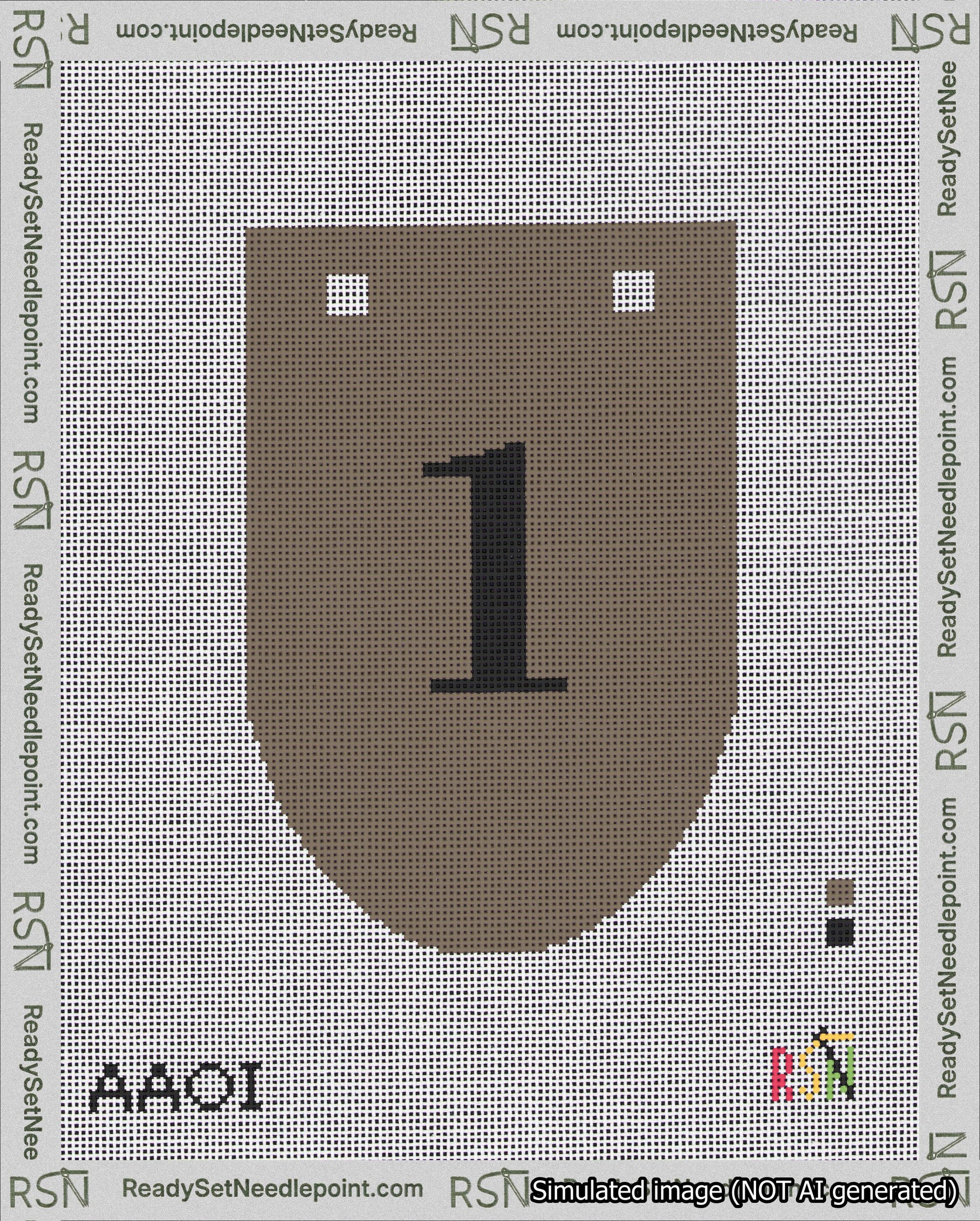A taped needlepoint canvas with the design: Banner 18 mesh count Rounded 1 Black on Brown.