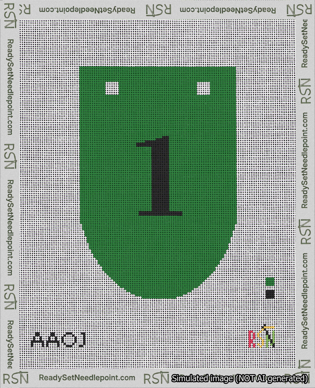 A taped needlepoint canvas with the design: Banner 18 mesh count Rounded 1 Black on Green.