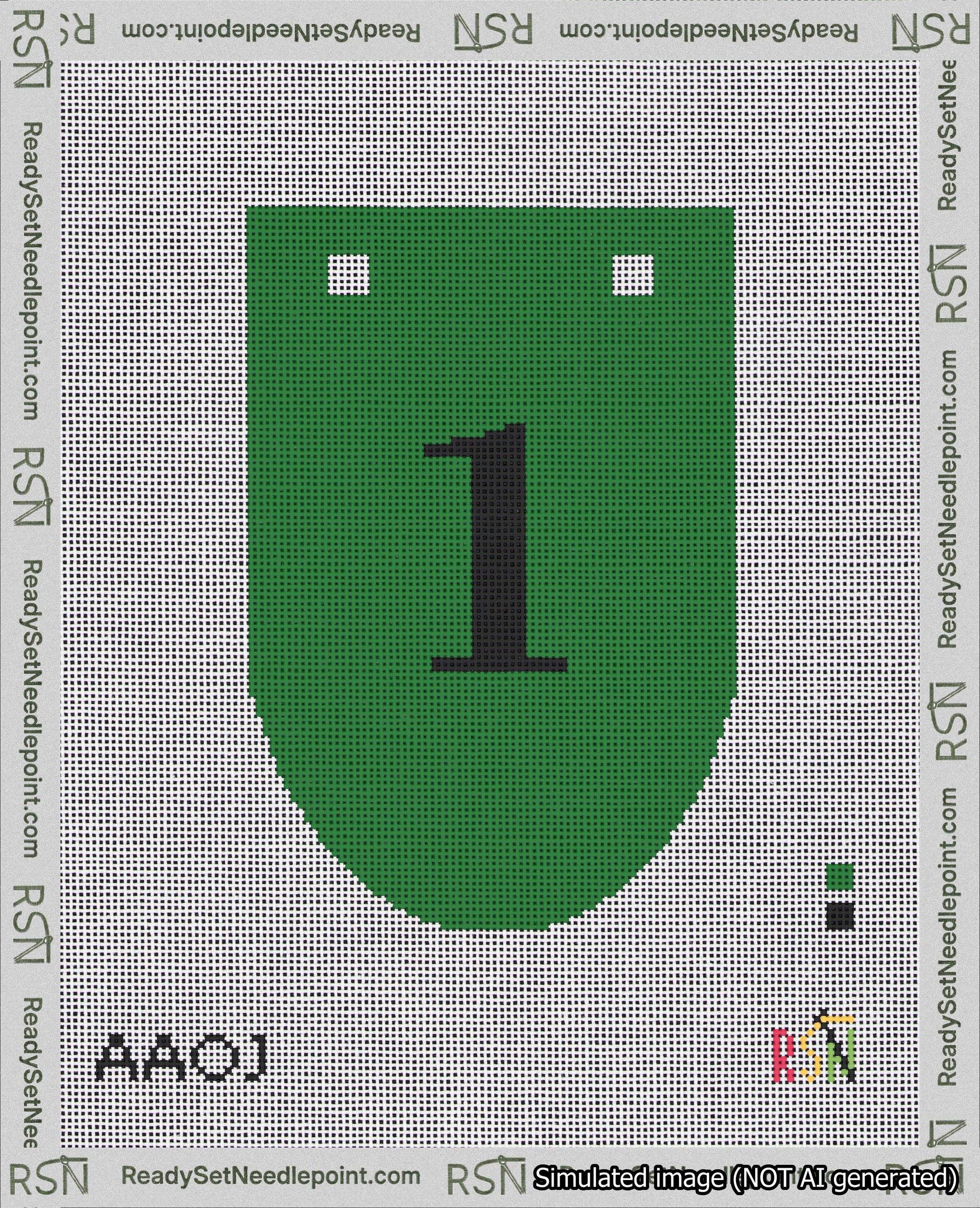 A taped needlepoint canvas with the design: Banner 18 mesh count Rounded 1 Black on Green.