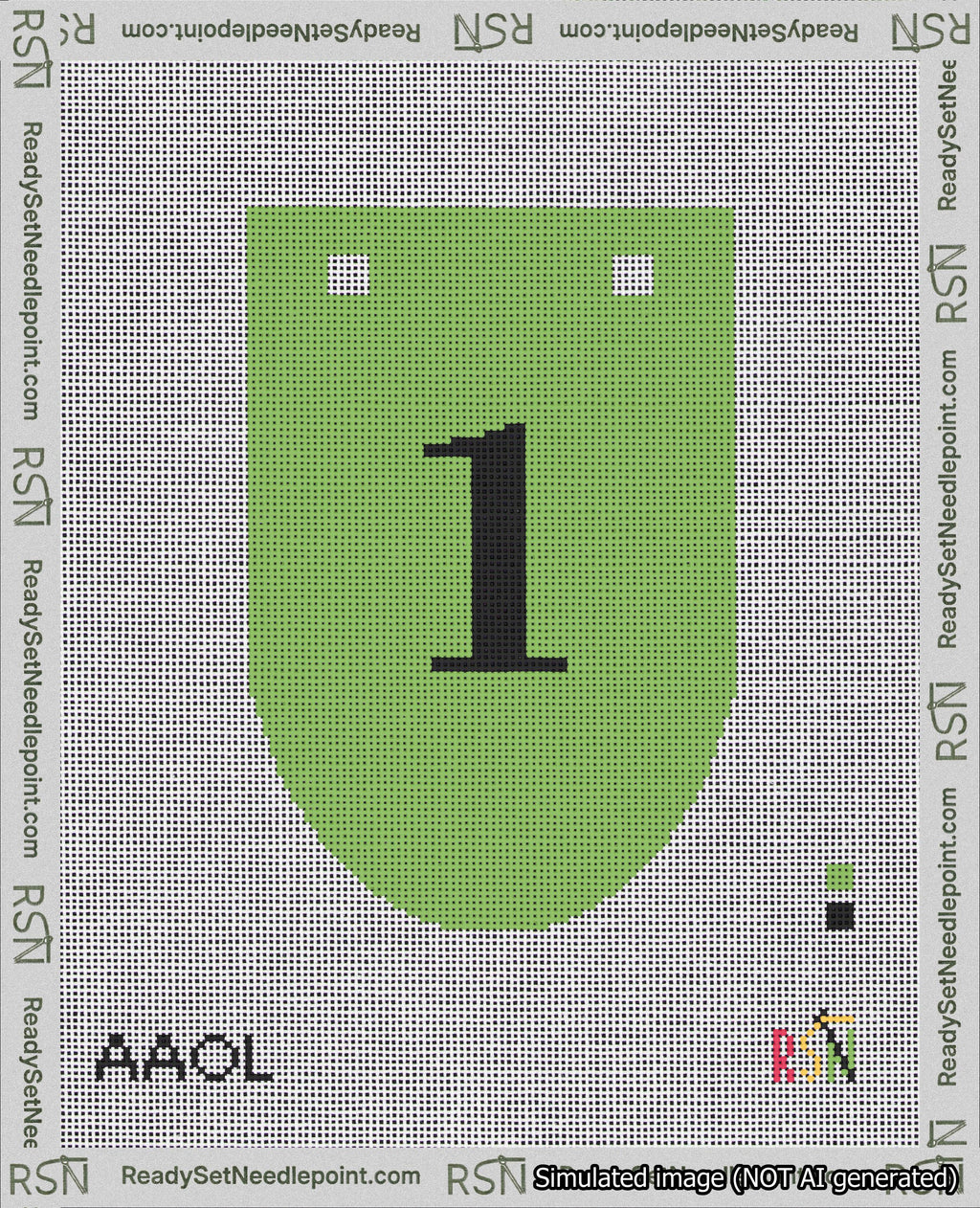 A taped needlepoint canvas with the design: Banner 18 mesh count Rounded 1 Black on Light Green.