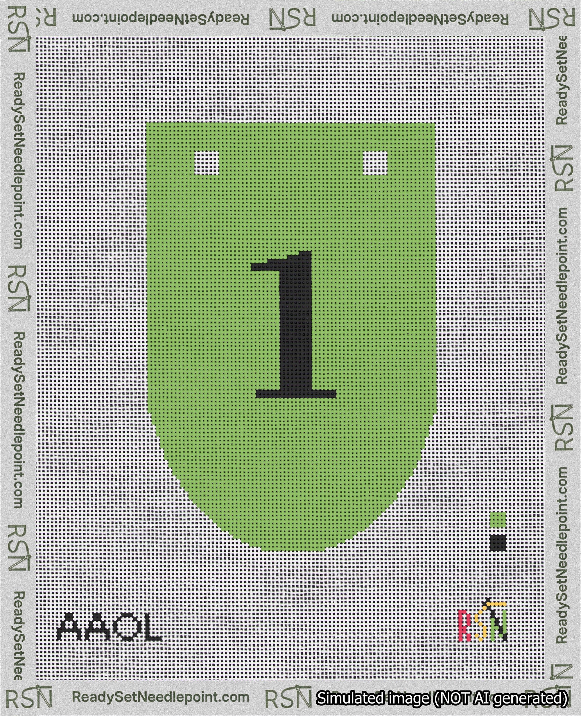 A taped needlepoint canvas with the design: Banner 18 mesh count Rounded 1 Black on Light Green.