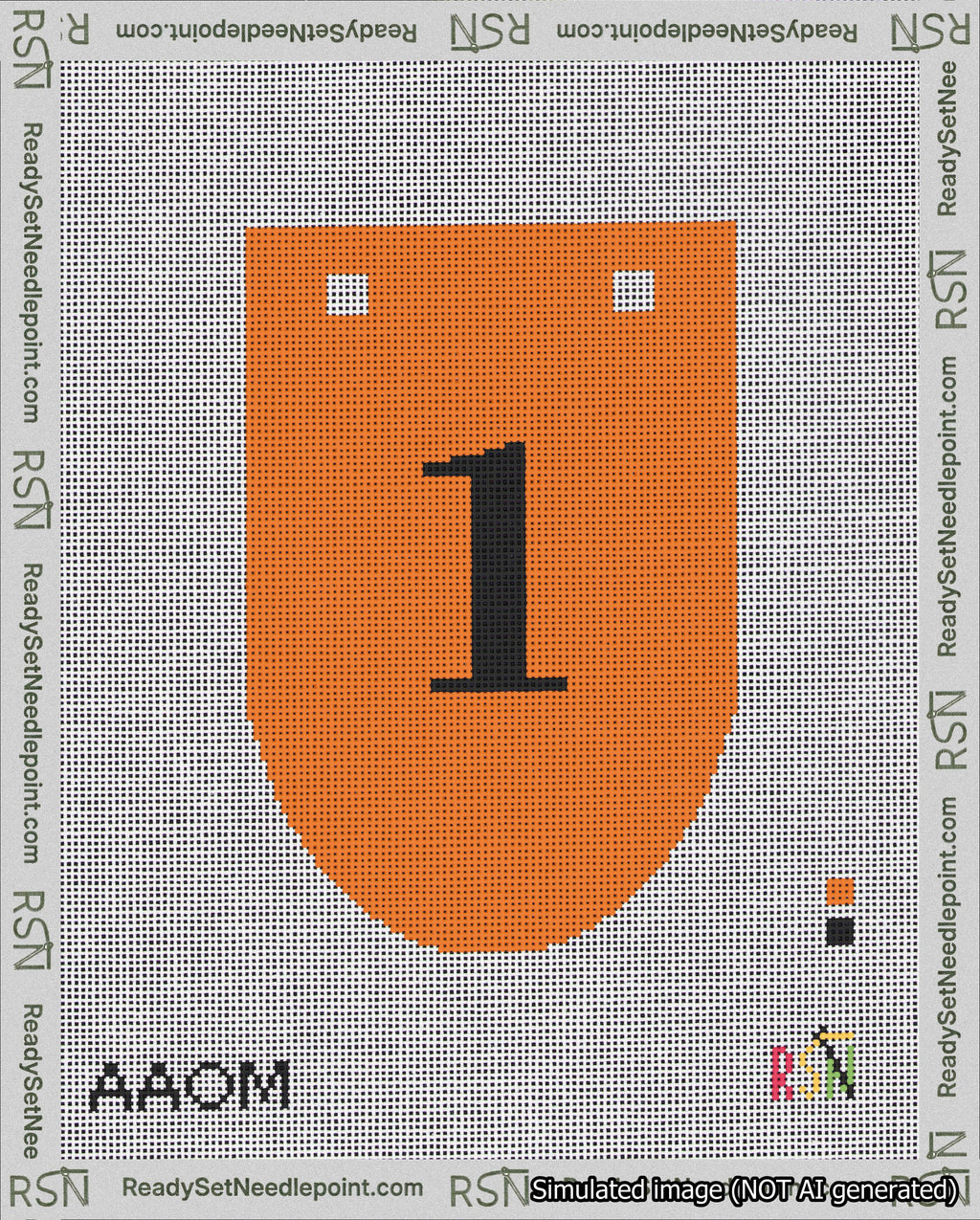 A taped needlepoint canvas with the design: Banner 18 mesh count Rounded 1 Black on Orange.