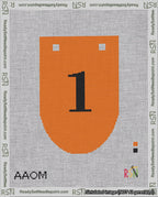 A taped needlepoint canvas with the design: Banner 18 mesh count Rounded 1 Black on Orange.