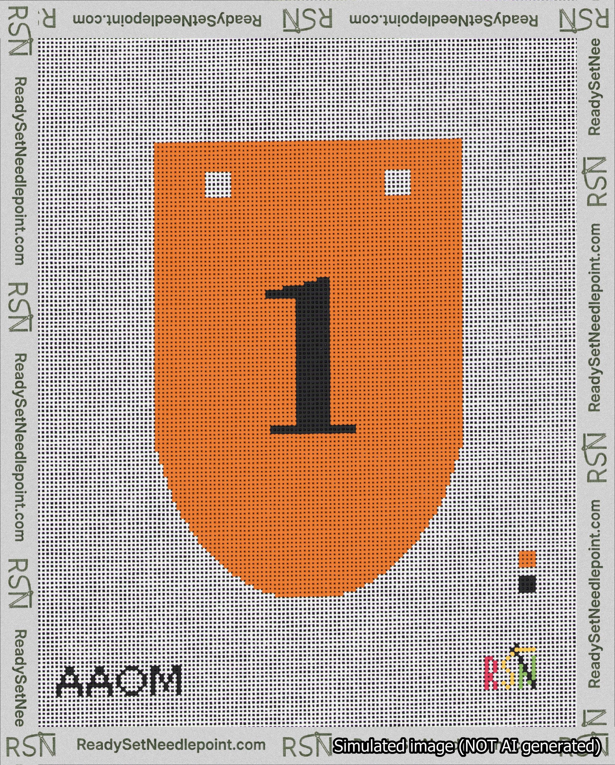 A taped needlepoint canvas with the design: Banner 18 mesh count Rounded 1 Black on Orange.