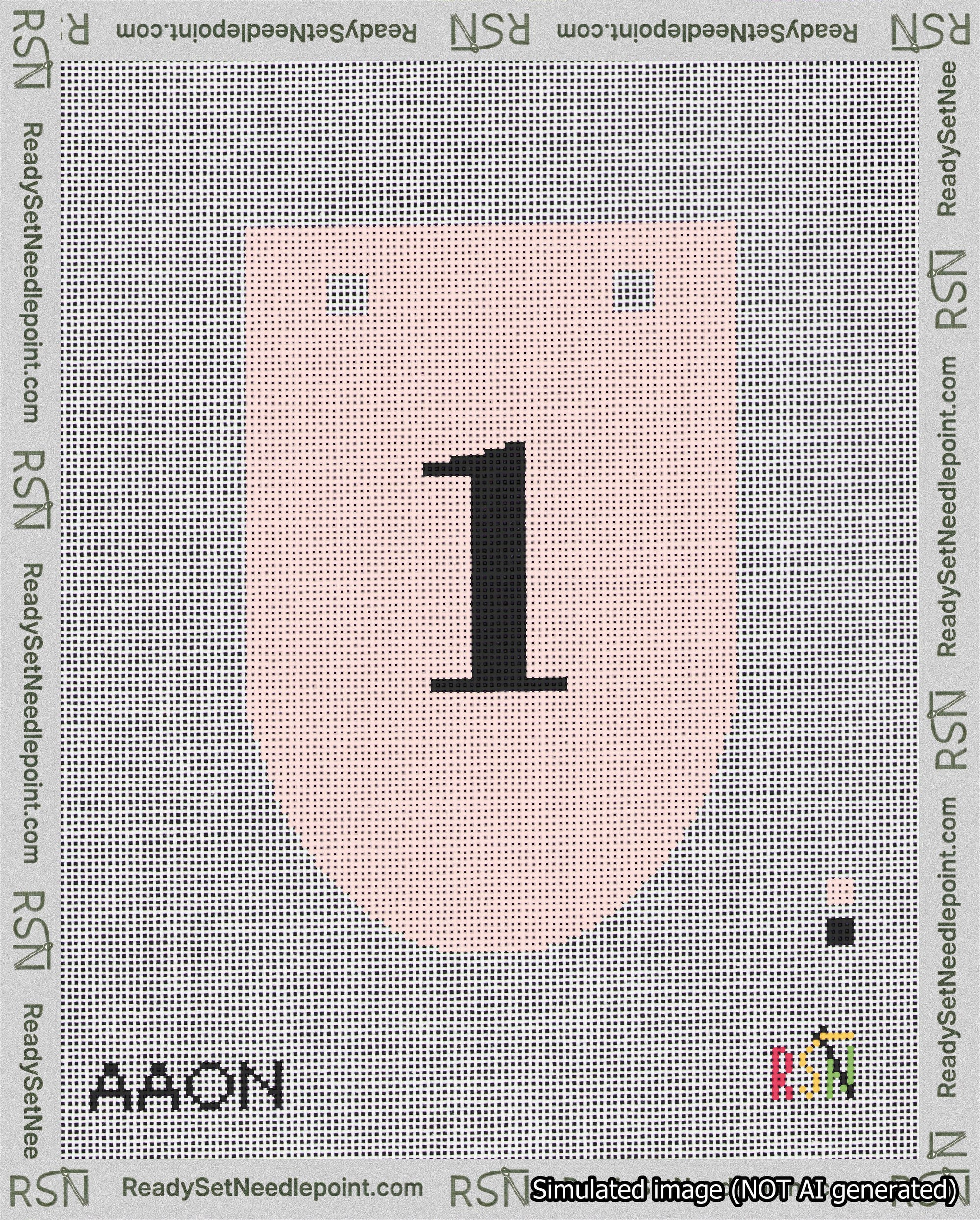 A taped needlepoint canvas with the design: Banner 18 mesh count Rounded 1 Black on Pink.