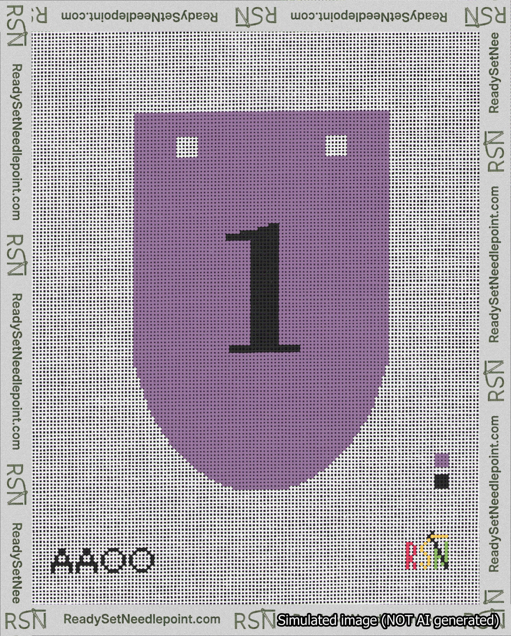 A taped needlepoint canvas with the design: Banner 18 mesh count Rounded 1 Black on Purple.