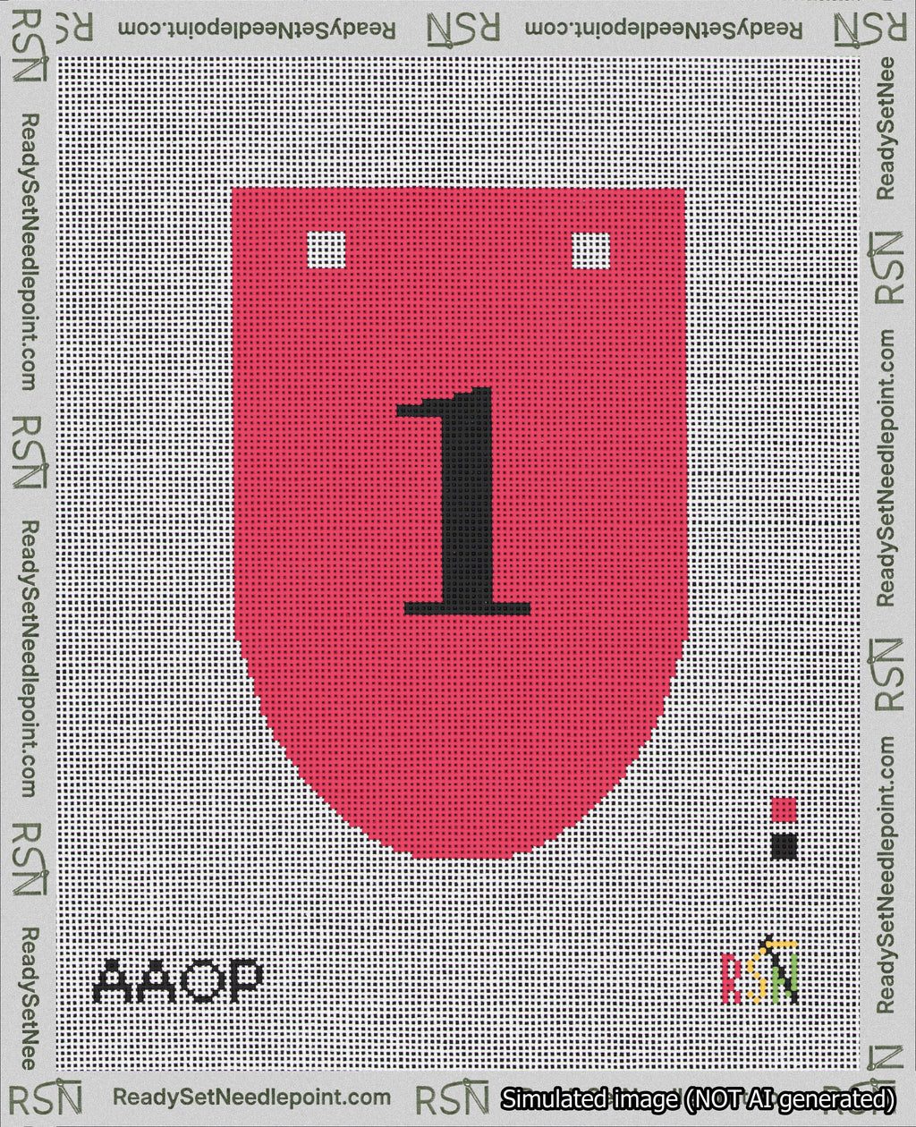 A taped needlepoint canvas with the design: Banner 18 mesh count Rounded 1 Black on Red.