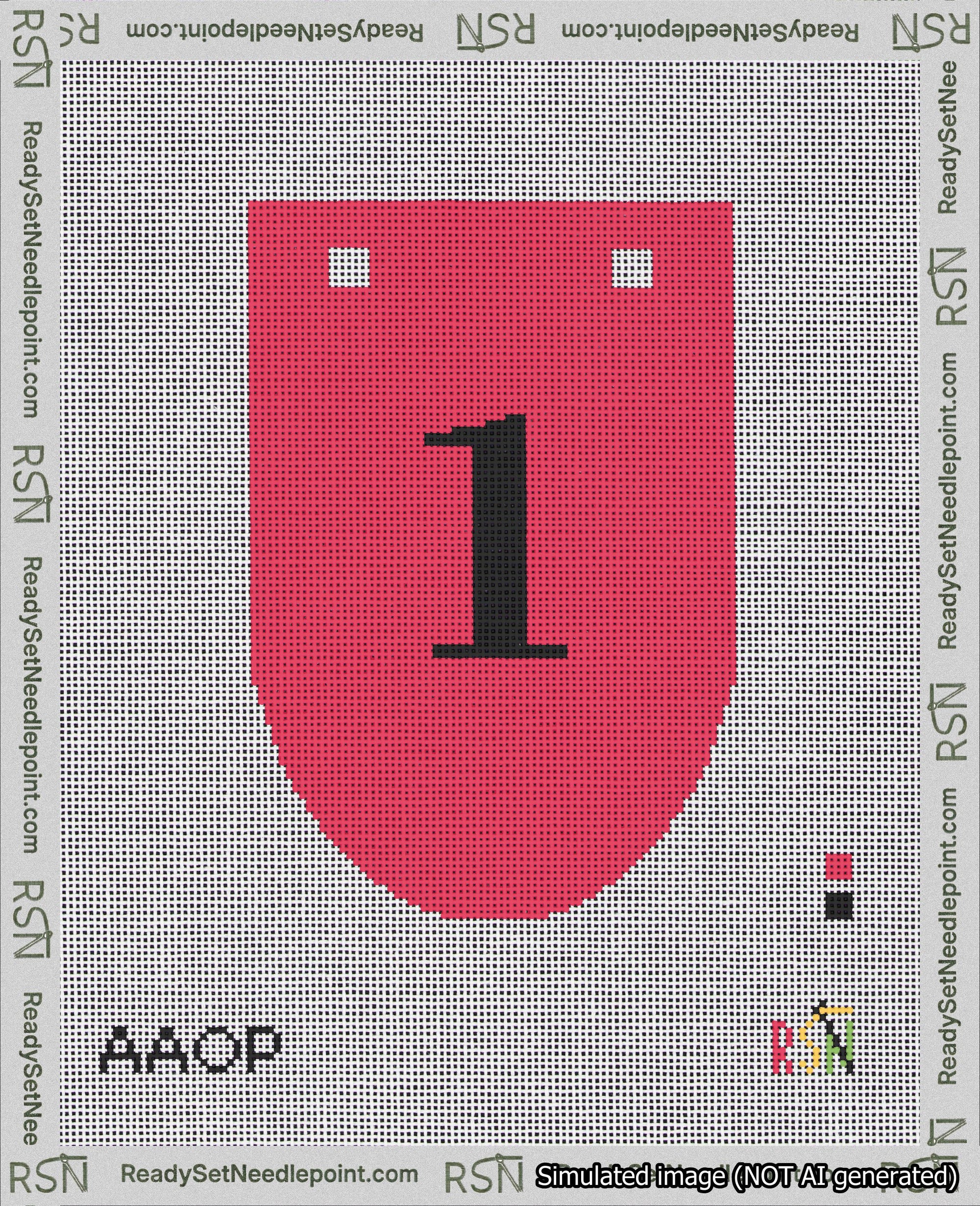 A taped needlepoint canvas with the design: Banner 18 mesh count Rounded 1 Black on Red.