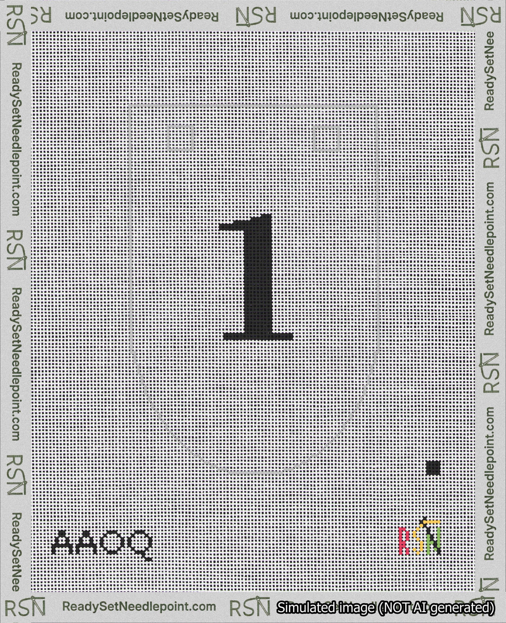 A taped needlepoint canvas with the design: Banner 18 mesh count Rounded 1 Black on White.