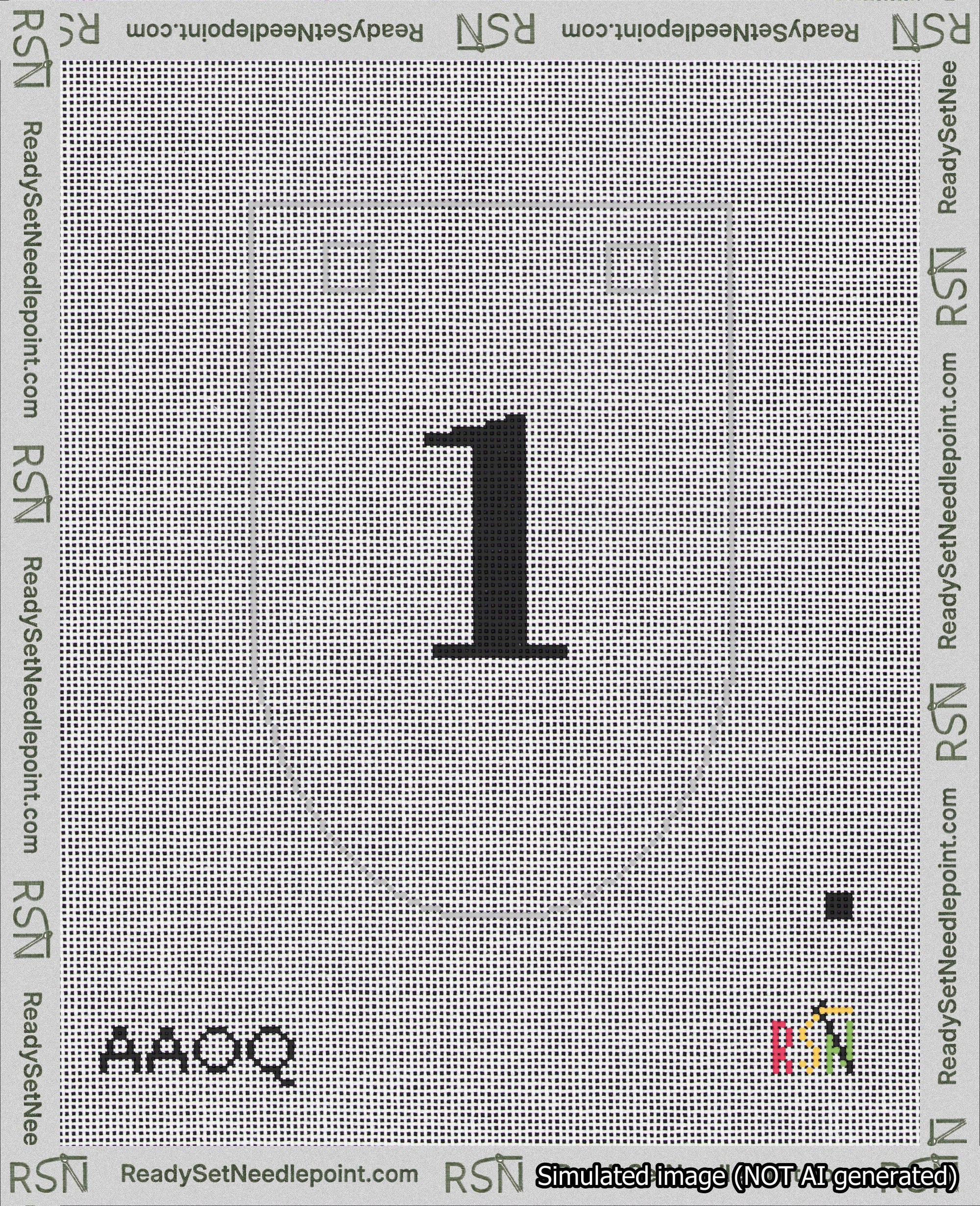 A taped needlepoint canvas with the design: Banner 18 mesh count Rounded 1 Black on White.