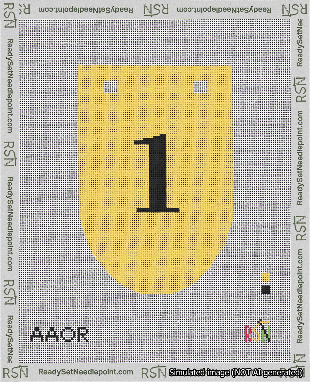 A taped needlepoint canvas with the design: Banner 18 mesh count Rounded 1 Black on Yellow.
