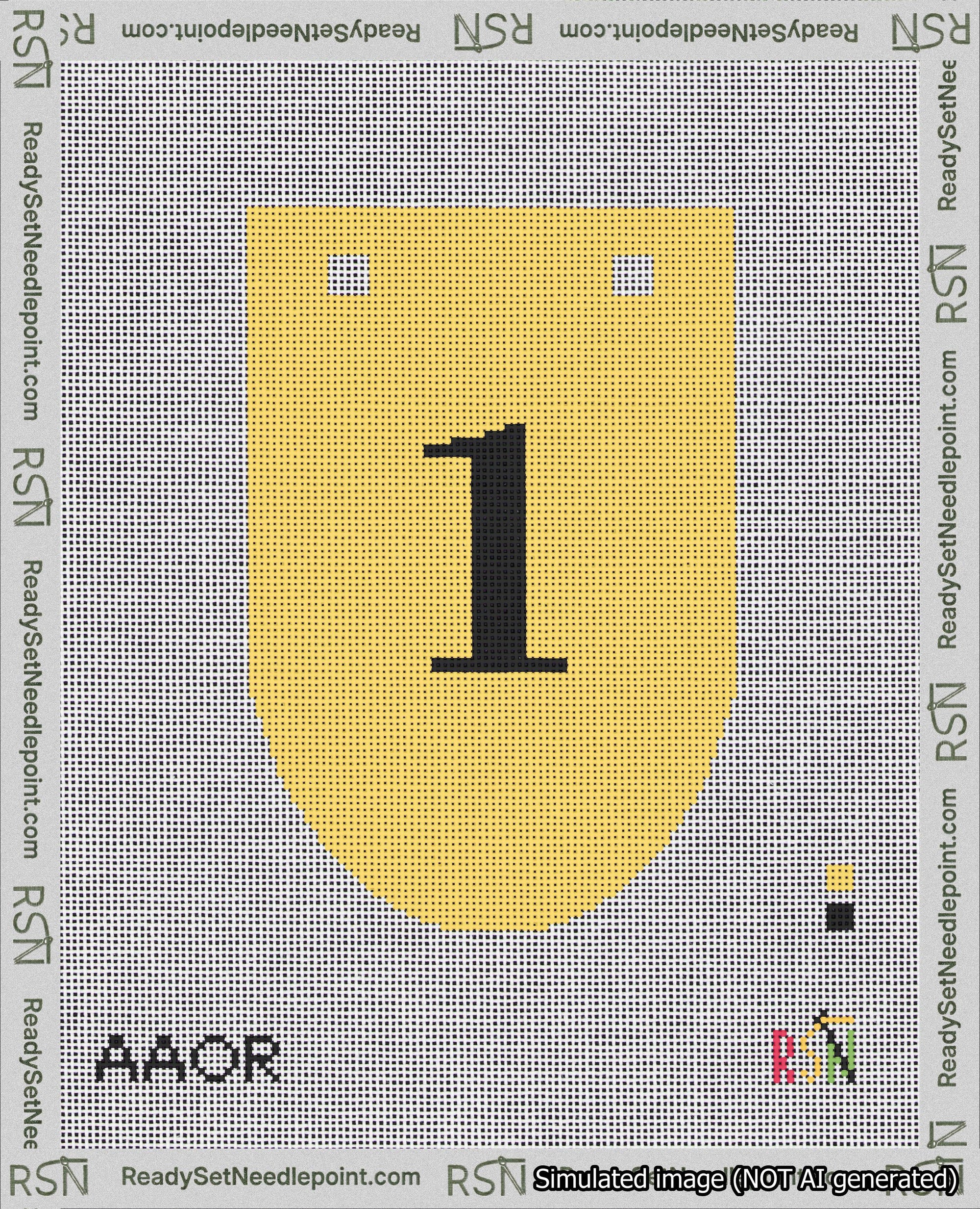 A taped needlepoint canvas with the design: Banner 18 mesh count Rounded 1 Black on Yellow.