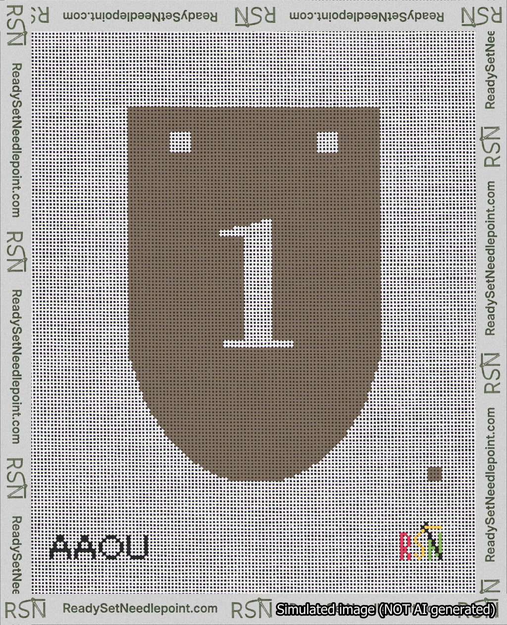 A taped needlepoint canvas with the design: Banner 18 mesh count Rounded 1 White on Brown.