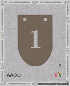 A taped needlepoint canvas with the design: Banner 18 mesh count Rounded 1 White on Brown.