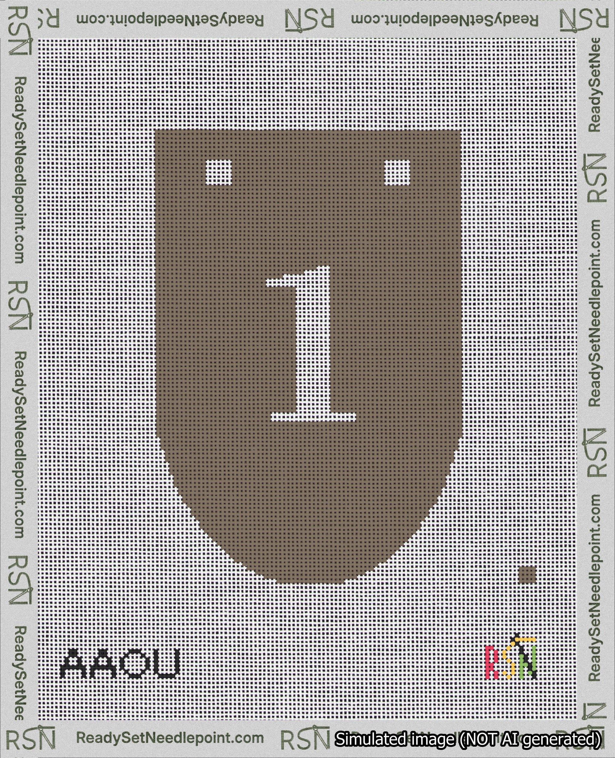 A taped needlepoint canvas with the design: Banner 18 mesh count Rounded 1 White on Brown.