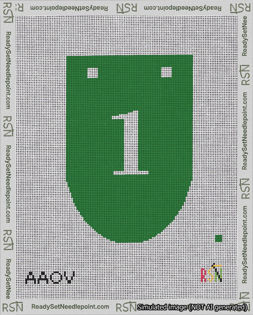 A taped needlepoint canvas with the design: Banner 18 mesh count Rounded 1 White on Green.