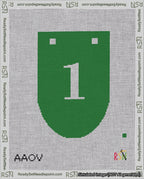 A taped needlepoint canvas with the design: Banner 18 mesh count Rounded 1 White on Green.