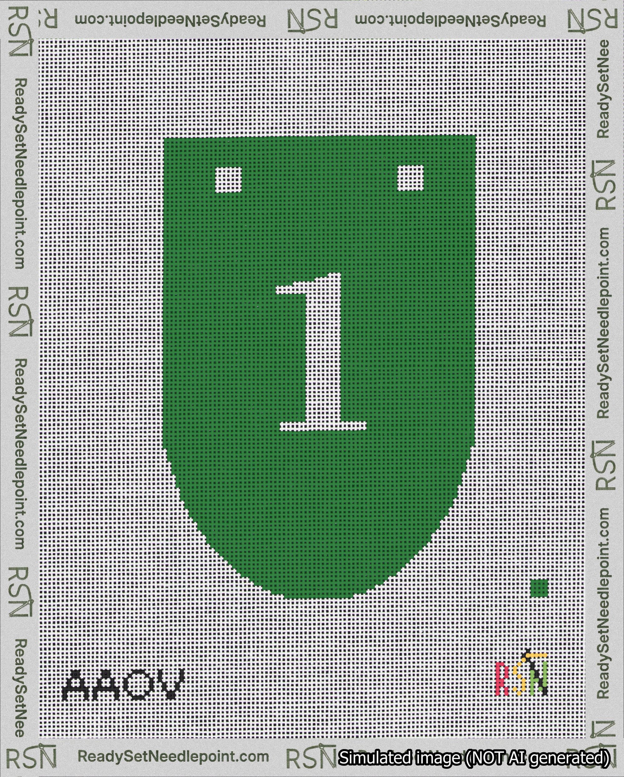 A taped needlepoint canvas with the design: Banner 18 mesh count Rounded 1 White on Green.