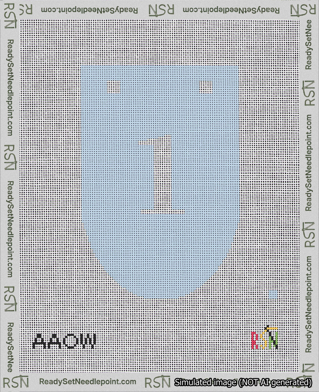 A taped needlepoint canvas with the design: Banner 18 mesh count Rounded 1 White on Light Blue.