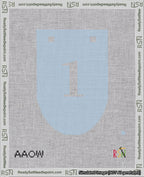 A taped needlepoint canvas with the design: Banner 18 mesh count Rounded 1 White on Light Blue.