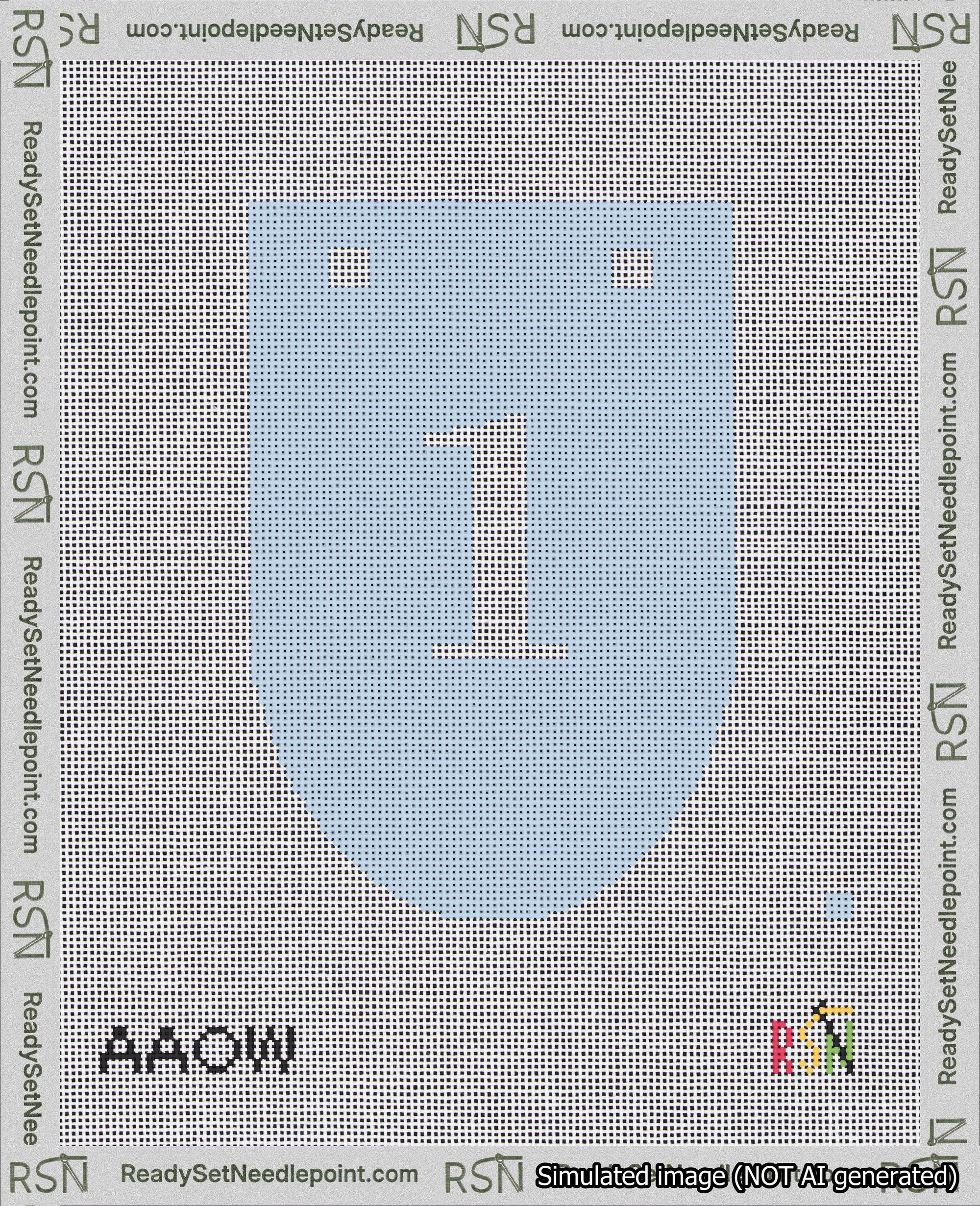 A taped needlepoint canvas with the design: Banner 18 mesh count Rounded 1 White on Light Blue.