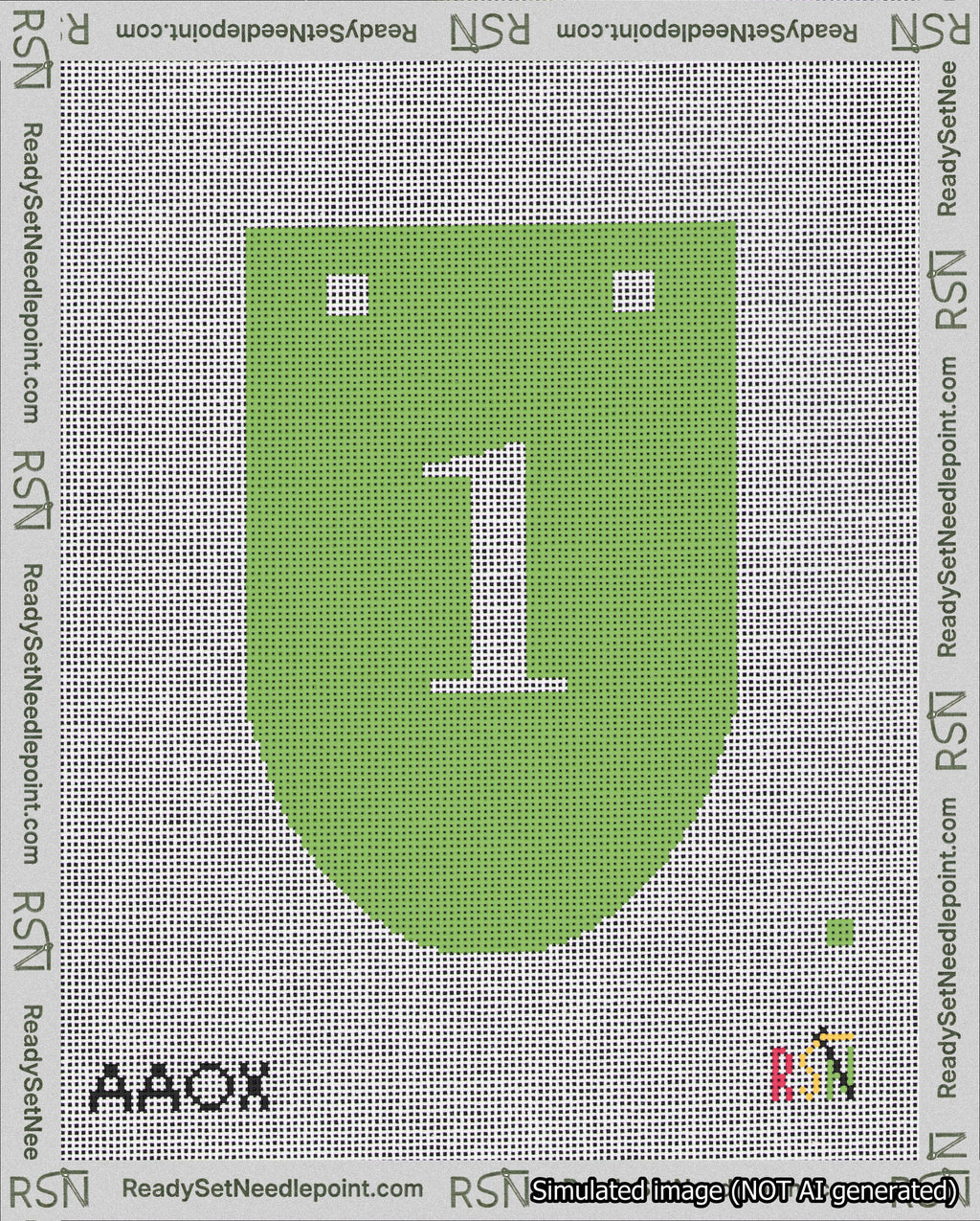 A taped needlepoint canvas with the design: Banner 18 mesh count Rounded 1 White on Light Green.