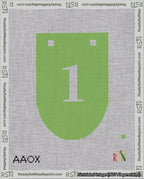 A taped needlepoint canvas with the design: Banner 18 mesh count Rounded 1 White on Light Green.