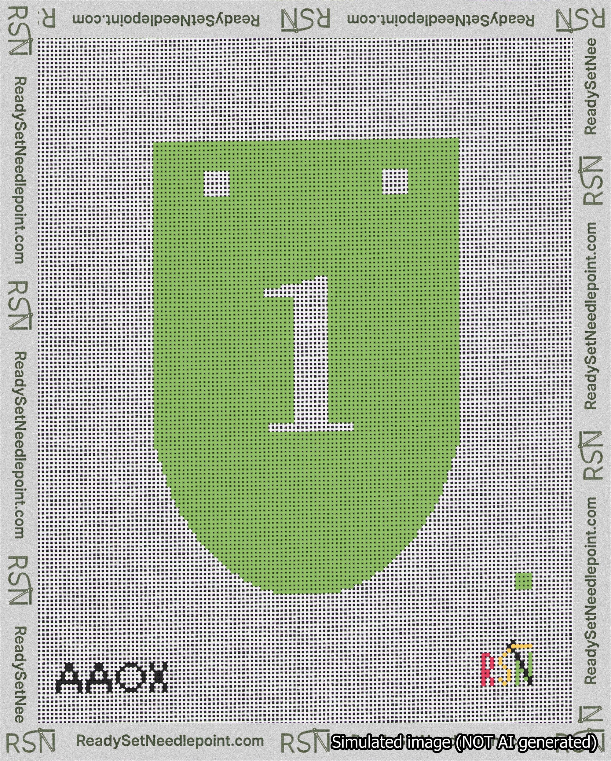 A taped needlepoint canvas with the design: Banner 18 mesh count Rounded 1 White on Light Green.