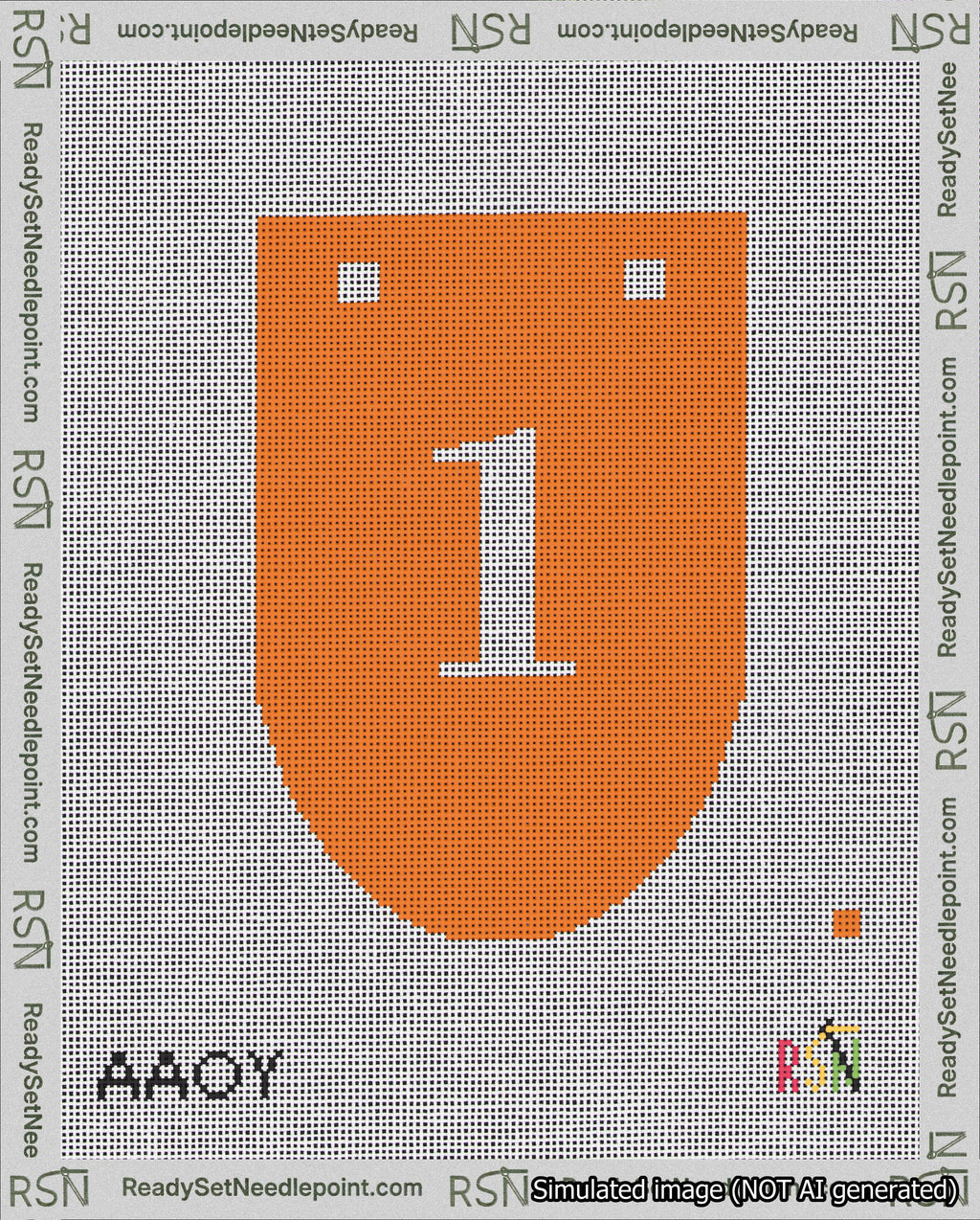 A taped needlepoint canvas with the design: Banner 18 mesh count Rounded 1 White on Orange.
