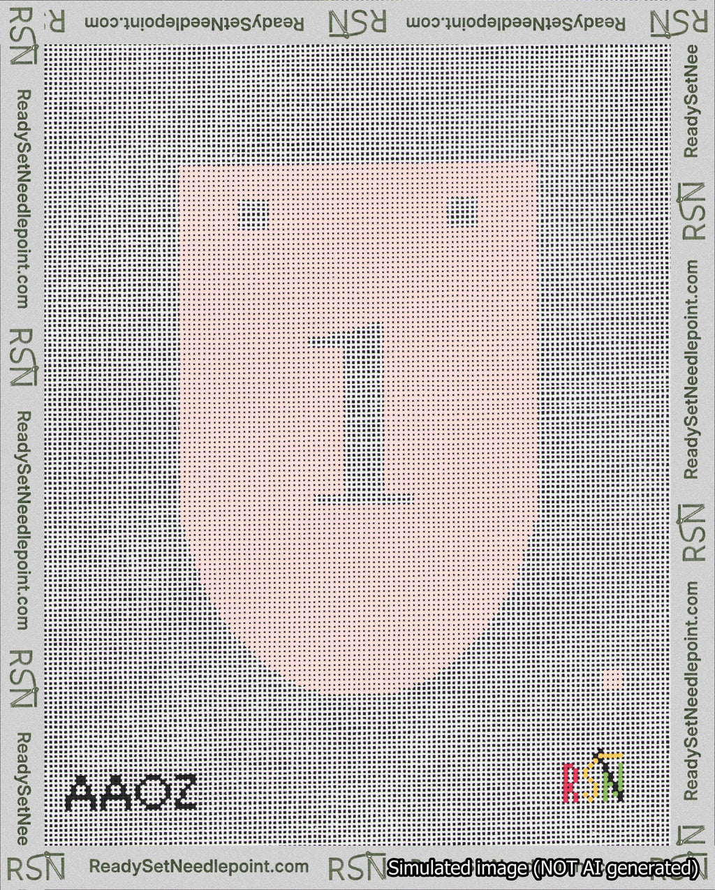 A taped needlepoint canvas with the design: Banner 18 mesh count Rounded 1 White on Pink.