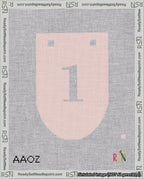 A taped needlepoint canvas with the design: Banner 18 mesh count Rounded 1 White on Pink.