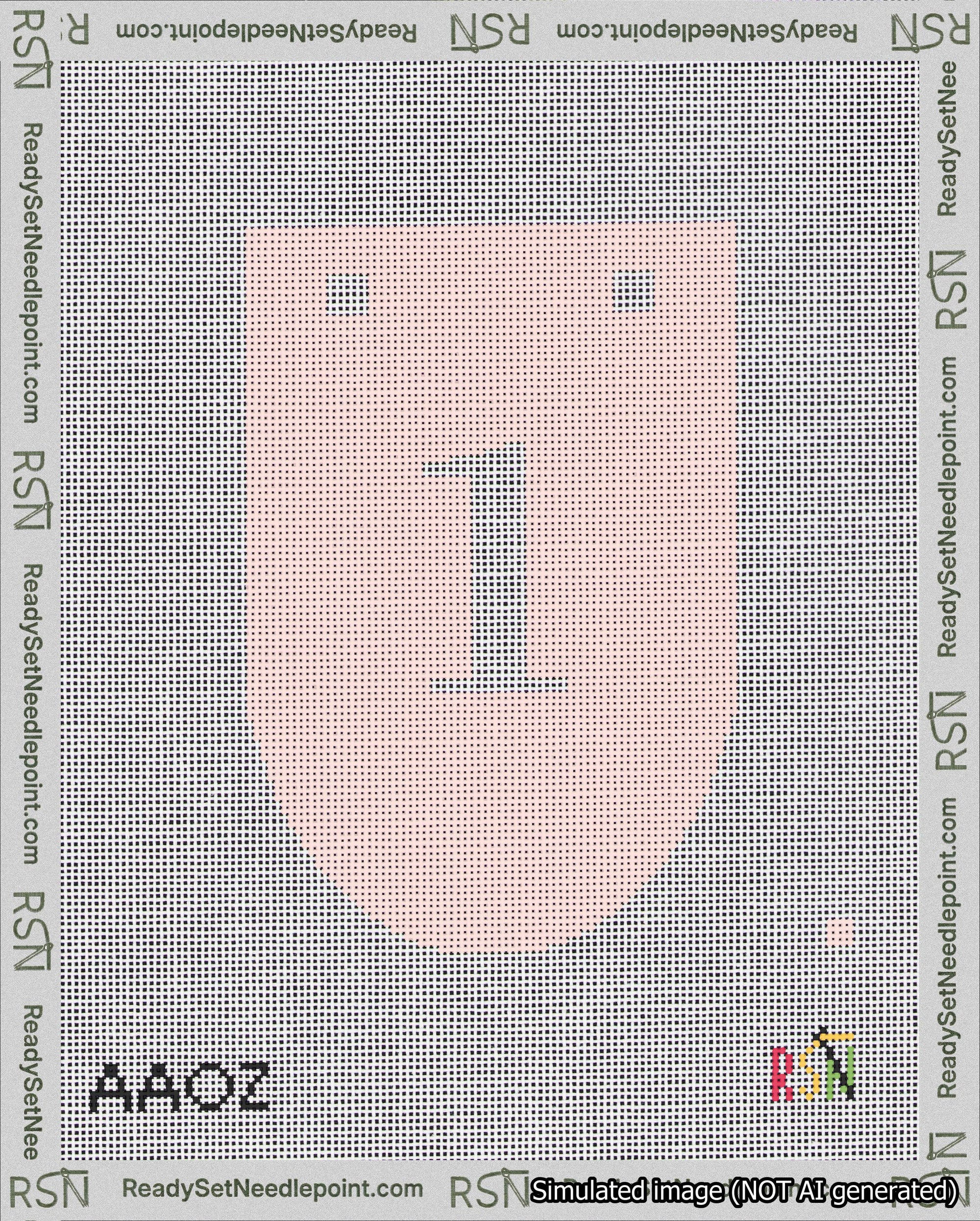 A taped needlepoint canvas with the design: Banner 18 mesh count Rounded 1 White on Pink.