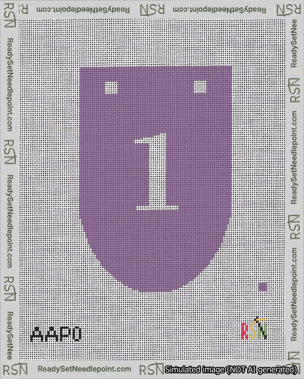 A taped needlepoint canvas with the design: Banner 18 mesh count Rounded 1 White on Purple.