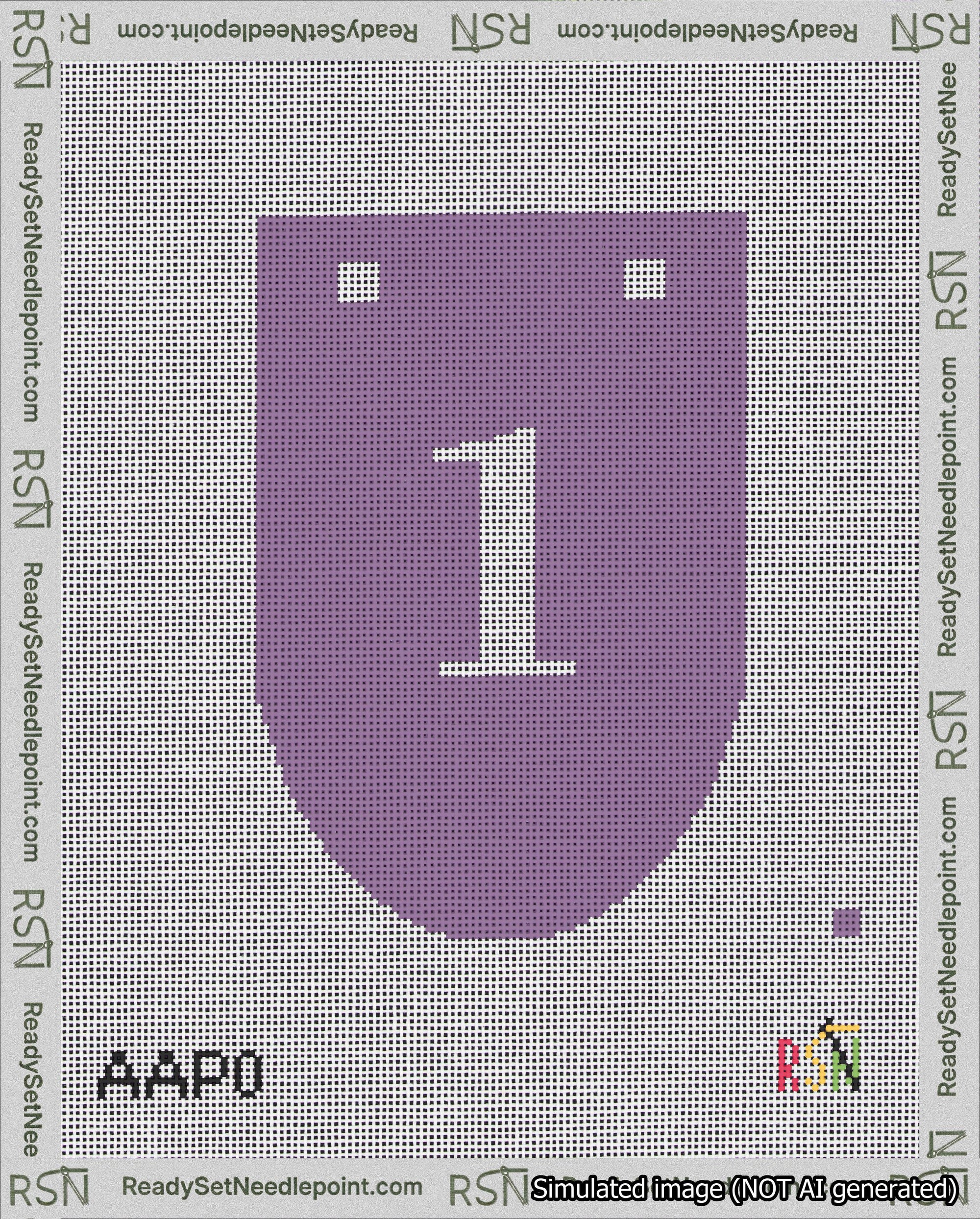 A taped needlepoint canvas with the design: Banner 18 mesh count Rounded 1 White on Purple.