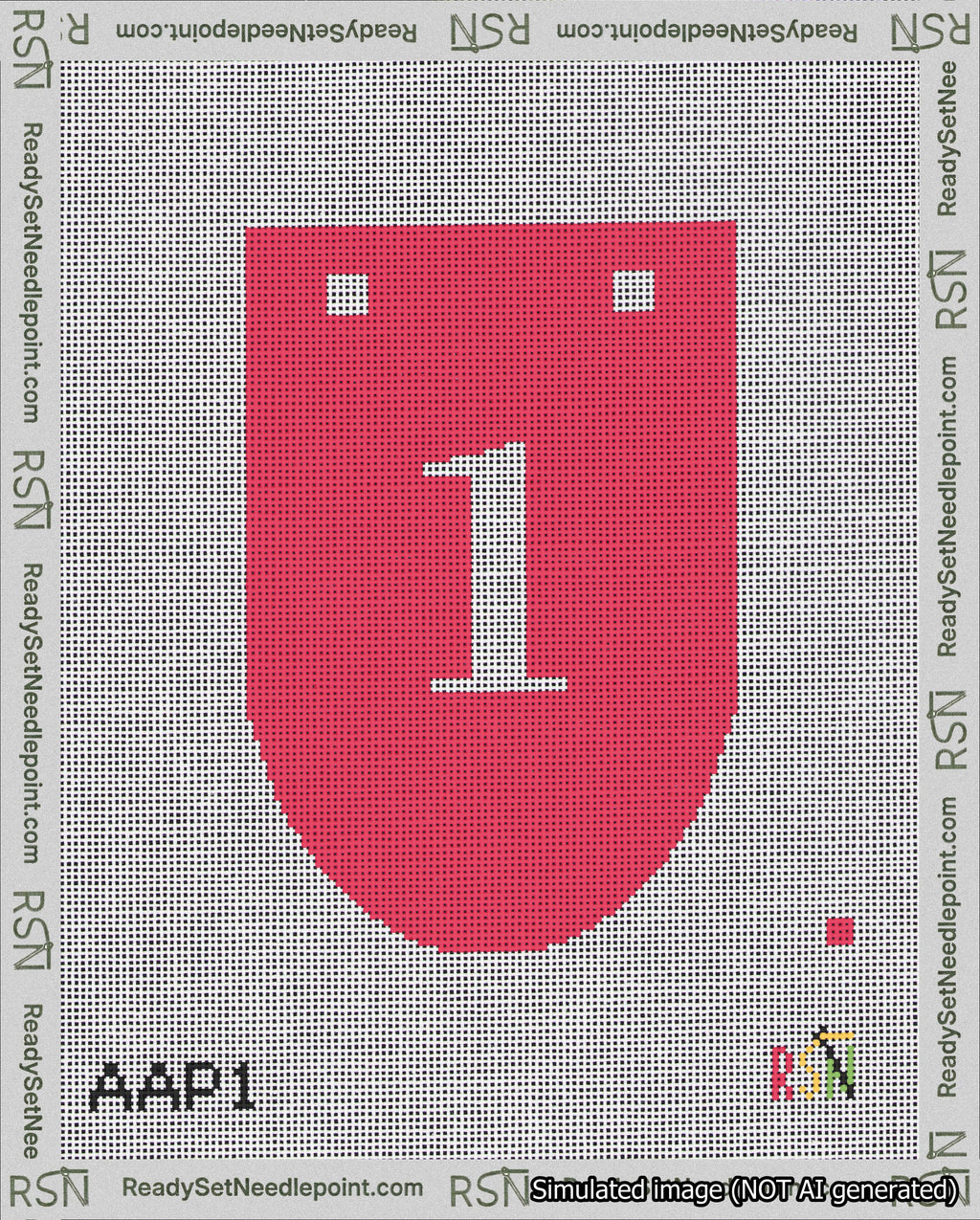 A taped needlepoint canvas with the design: Banner 18 mesh count Rounded 1 White on Red.