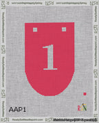 A taped needlepoint canvas with the design: Banner 18 mesh count Rounded 1 White on Red.