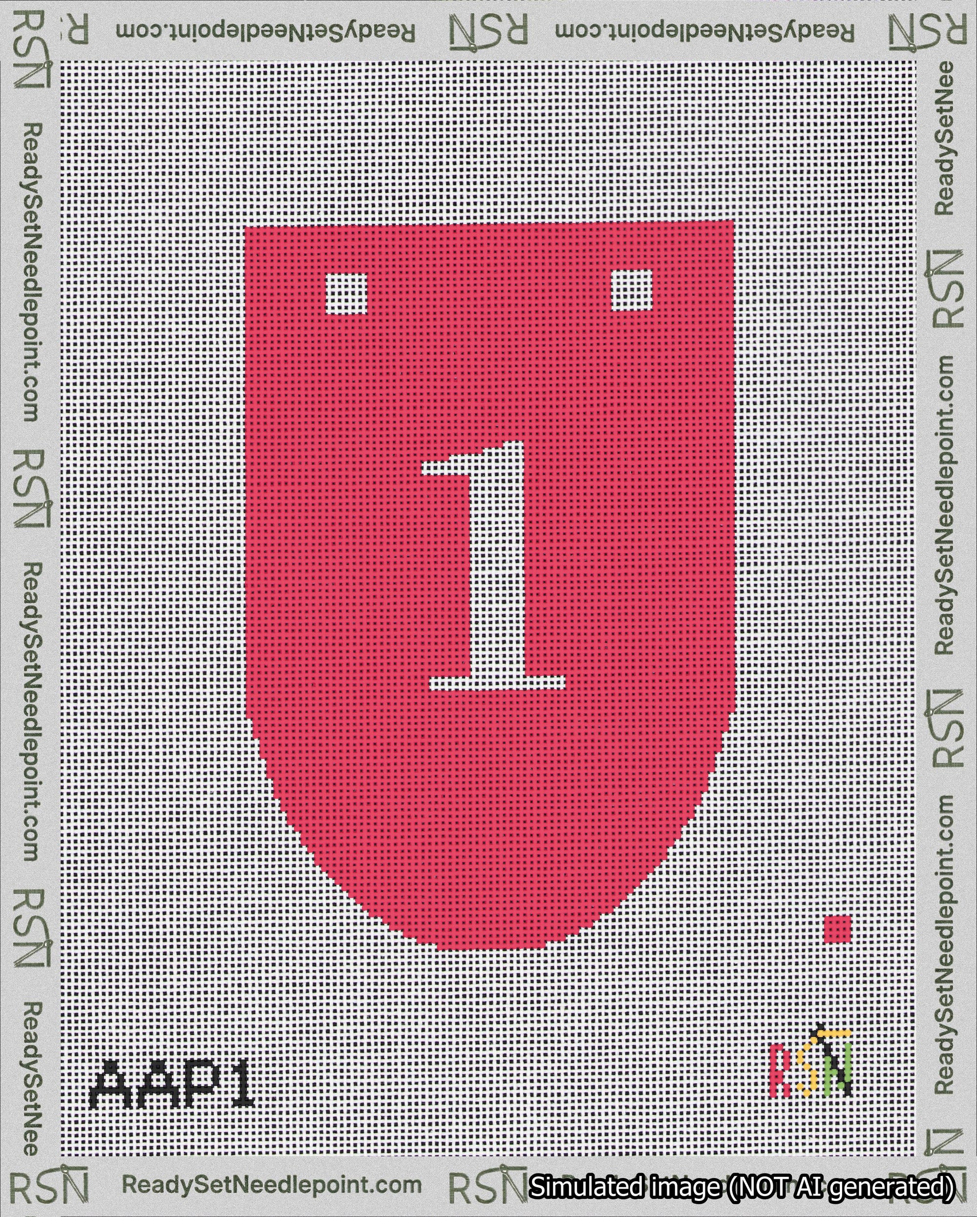 A taped needlepoint canvas with the design: Banner 18 mesh count Rounded 1 White on Red.
